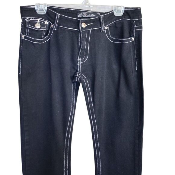U-51 Juniors Low Rise Jeans 9/10 Black Chic Stretchy Thick Stitching Hip Hop - Picture 5 of 8
